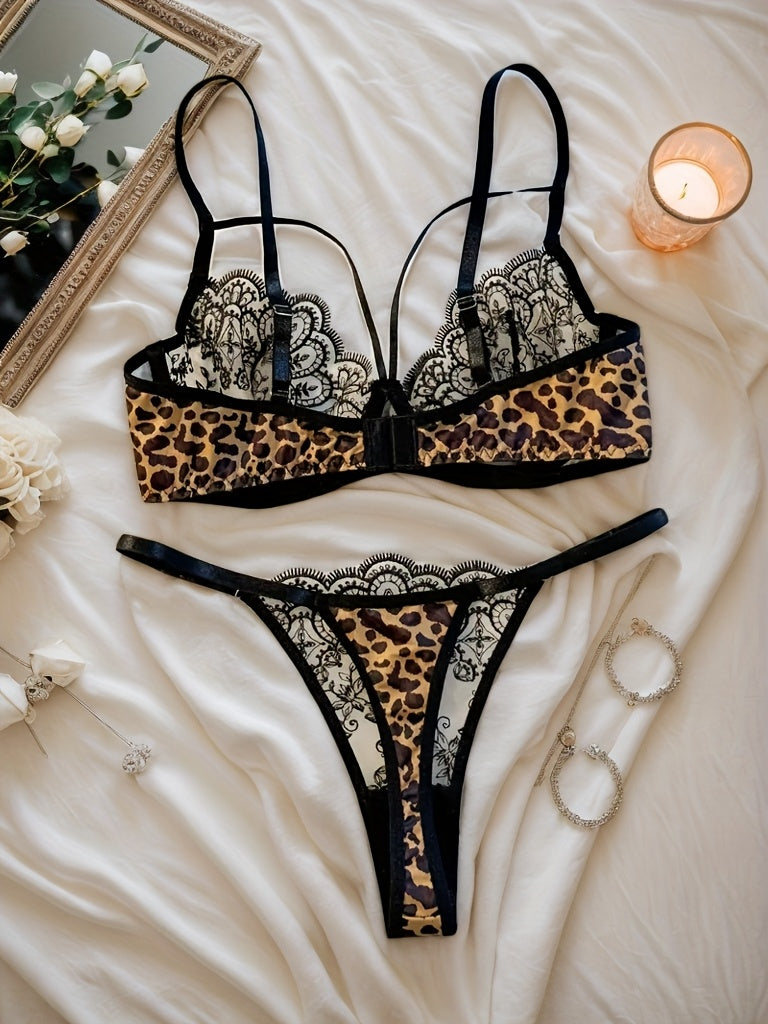 Ladies' Wild Charm Leopard Print Embroidered Lace Semi-Transparent Lingerie Set, Featuring Three-Dimensional Embroidered Patterns on The Cup, Adjustable Shoulder Straps for