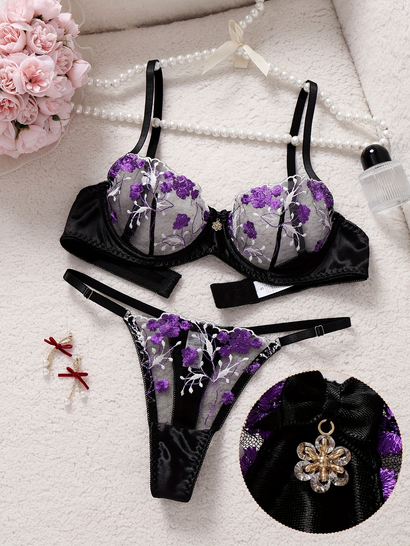 Women's Sheer Thong Lingerie Bikini - Sexy Semi-Transparent Panty & Bra (No Padding) with Contrast Colorblock & Embroidery - Matching Underwear Set for Intimate Occasions