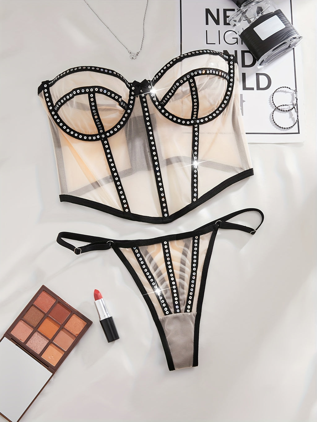 Ultra-Thin Seductive Mesh Sexy Off-Shoulder Lingerie Set Including Bra And Thong