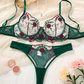 Deep Green Single-Layer Embroidered Sexy Set, Pretty Small Flower Transparent Underwire Bra and Bikini Panties, Medium Support Underwire Push-Up Lingerie and Low-Rise Shorts, Bold Apparel to Boost Women's Mood and Charm