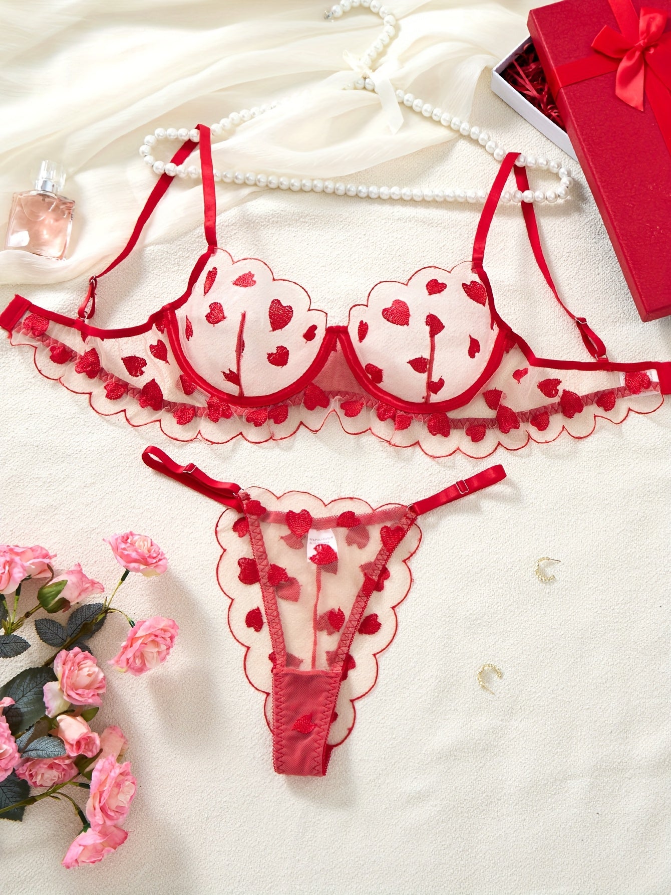 Red Heart Mesh Embroidered Lingerie Set, Sexy Sheer Underwire Bra and Panty Combo, Wavy  Embroidered Lingerie and Panties, Pure and Desirable Style to Showcase Women's Charm Set