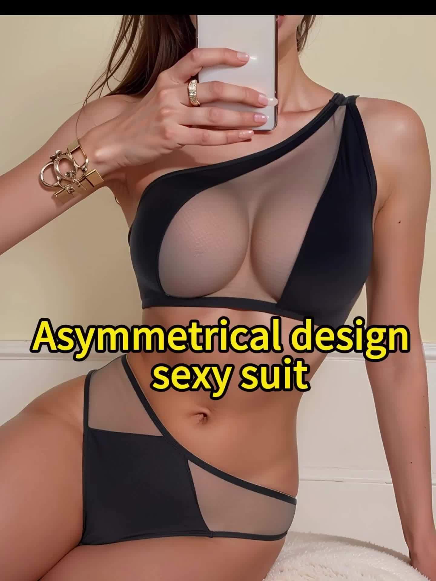 1 set, Women's mesh transparent off-shoulder bra set, matching sexy underwear