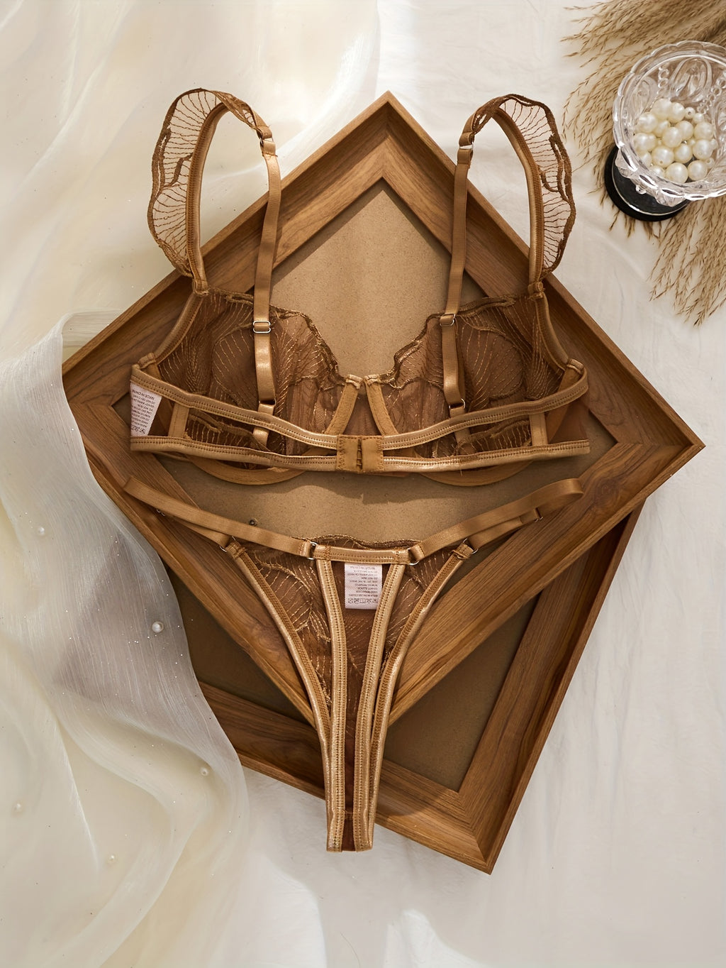 Fashionable and Sexy Embroidered Patterned Sheer Lingerie Set, Showcasing a Woman's Elegant Charm and Passionate, Alluring Figure. The Bra Highlights the Contours of the Bust, Offering a Refined and Seductive Look for Parties