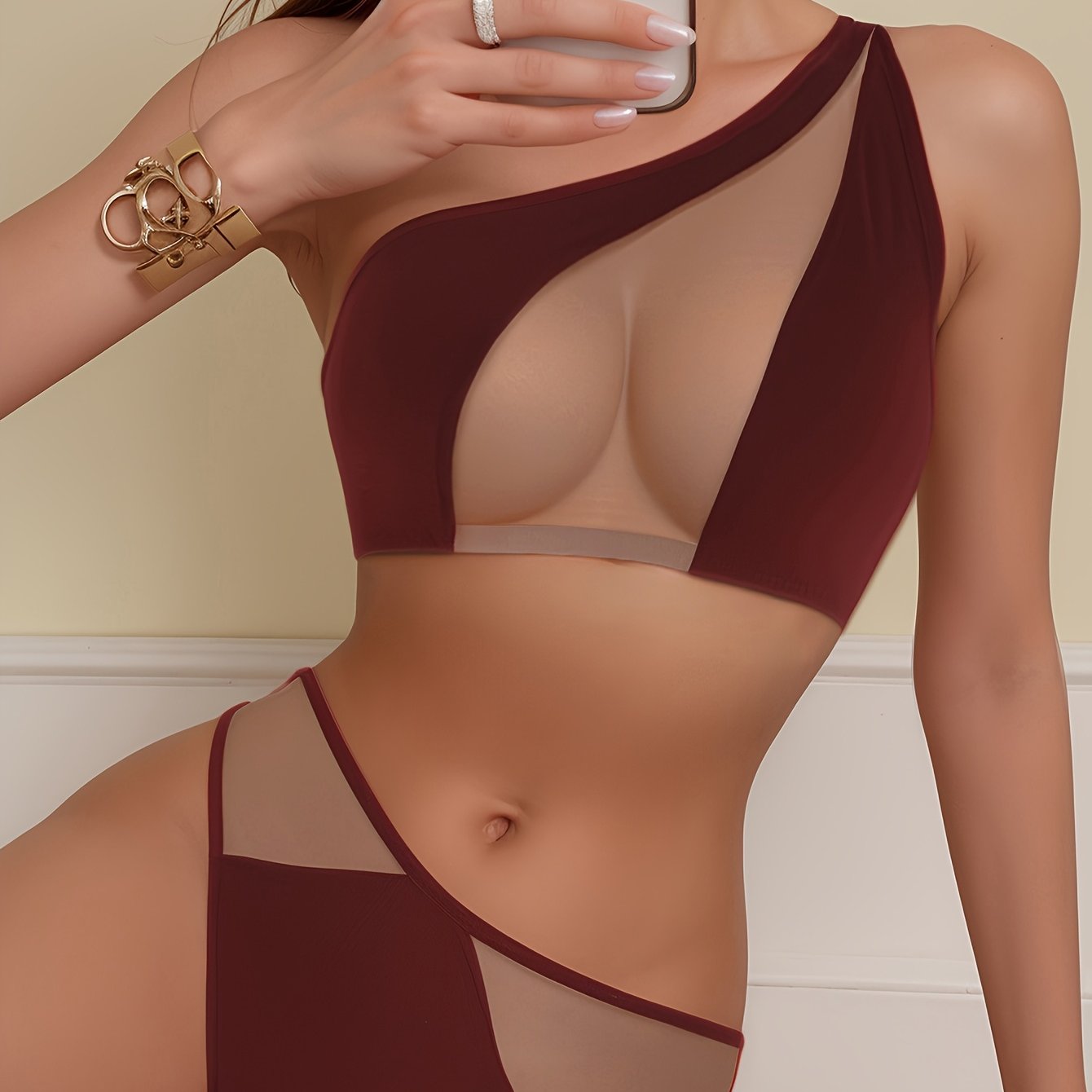 1 set, Women's mesh transparent off-shoulder bra set, matching sexy underwear