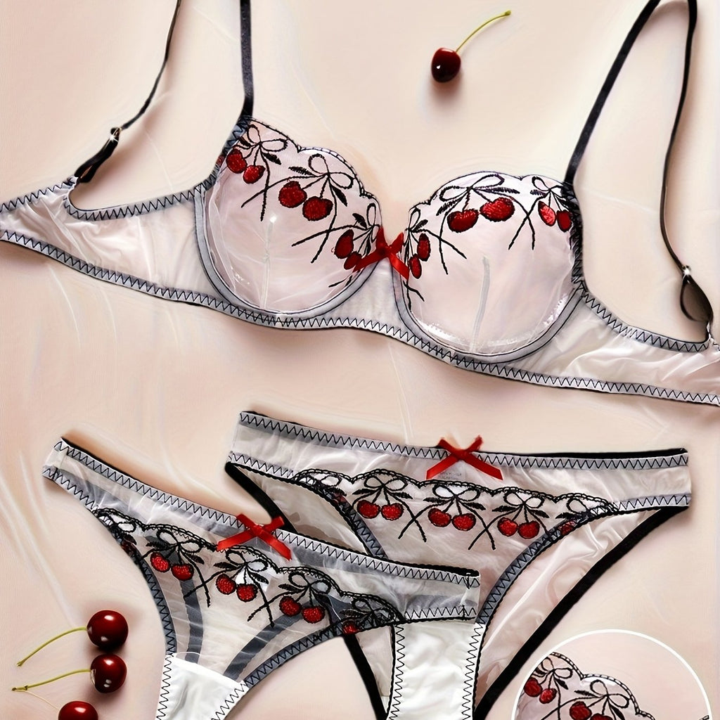 Elegant Embroidered Bra and Panties Set | Medium Support, Half-Sheer, Comfortable and Breathable, Ideal for Romantic Couples and Valentine'S Day