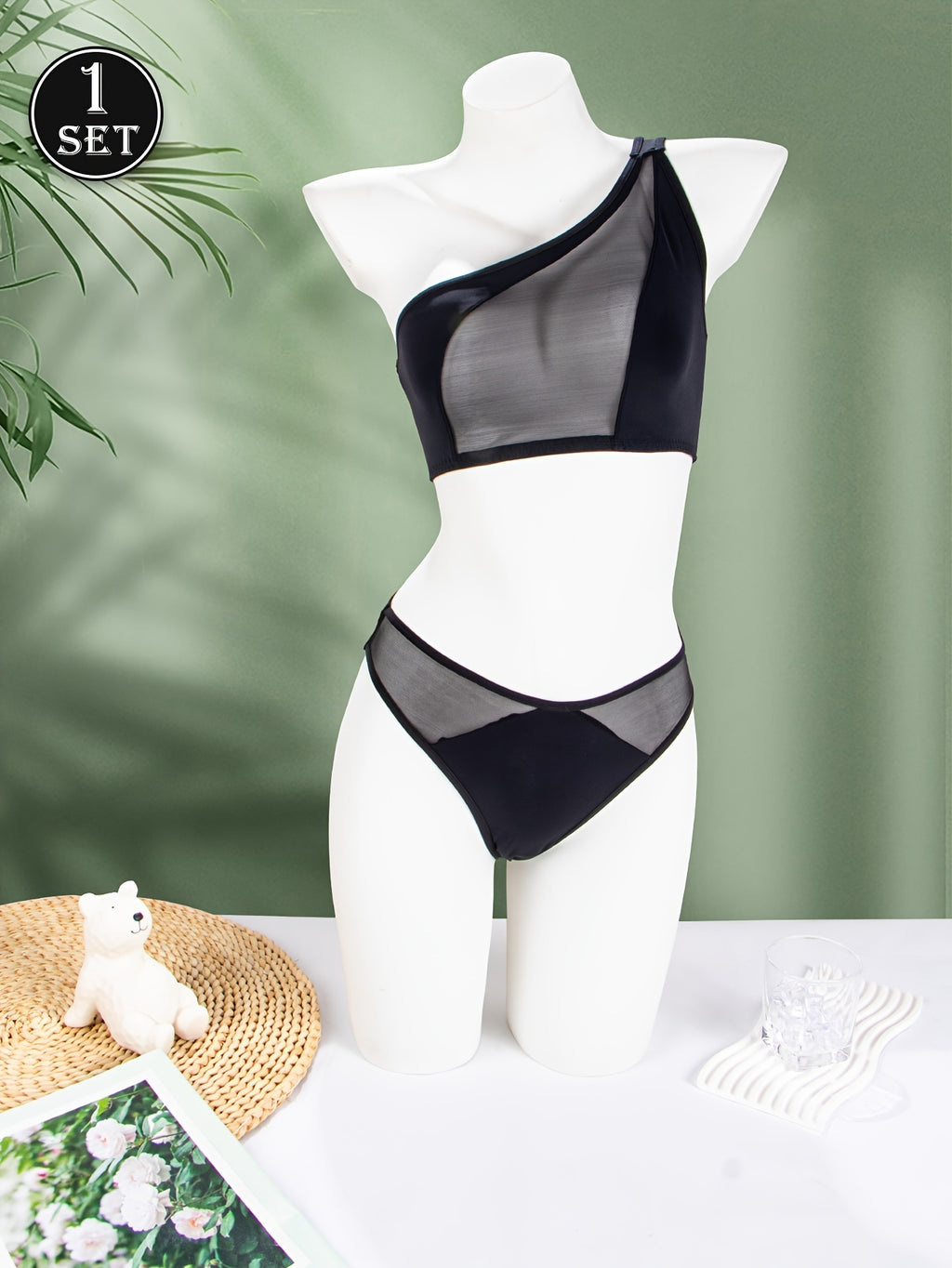 1 set, Women's mesh transparent off-shoulder bra set, matching sexy underwear