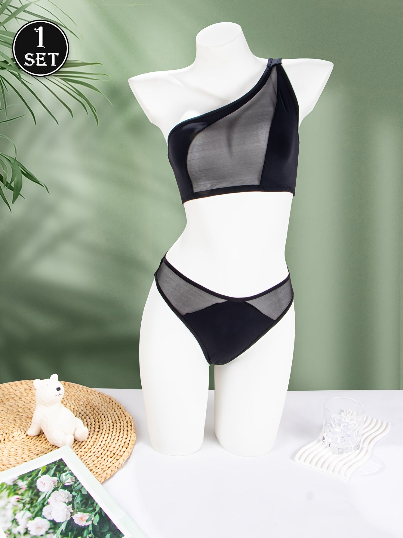 1 set, Women's mesh transparent off-shoulder bra set, matching sexy underwear