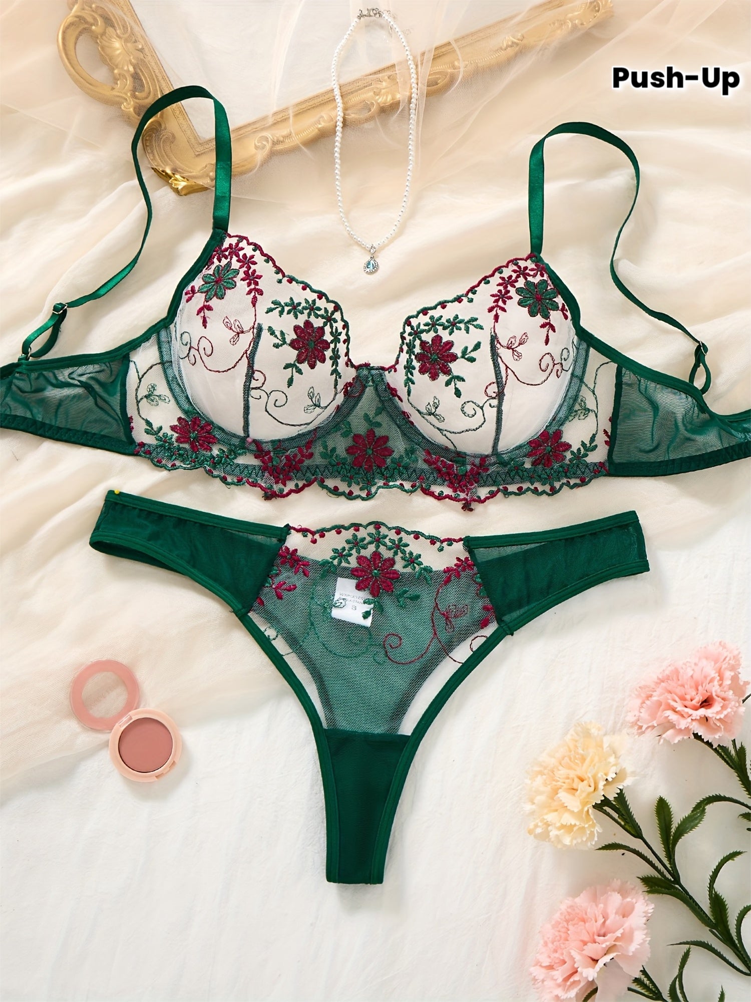 Deep Green Single-Layer Embroidered Sexy Set, Pretty Small Flower Transparent Underwire Bra and Bikini Panties, Medium Support Underwire Push-Up Lingerie and Low-Rise Shorts, Bold Apparel to Boost Women's Mood and Charm