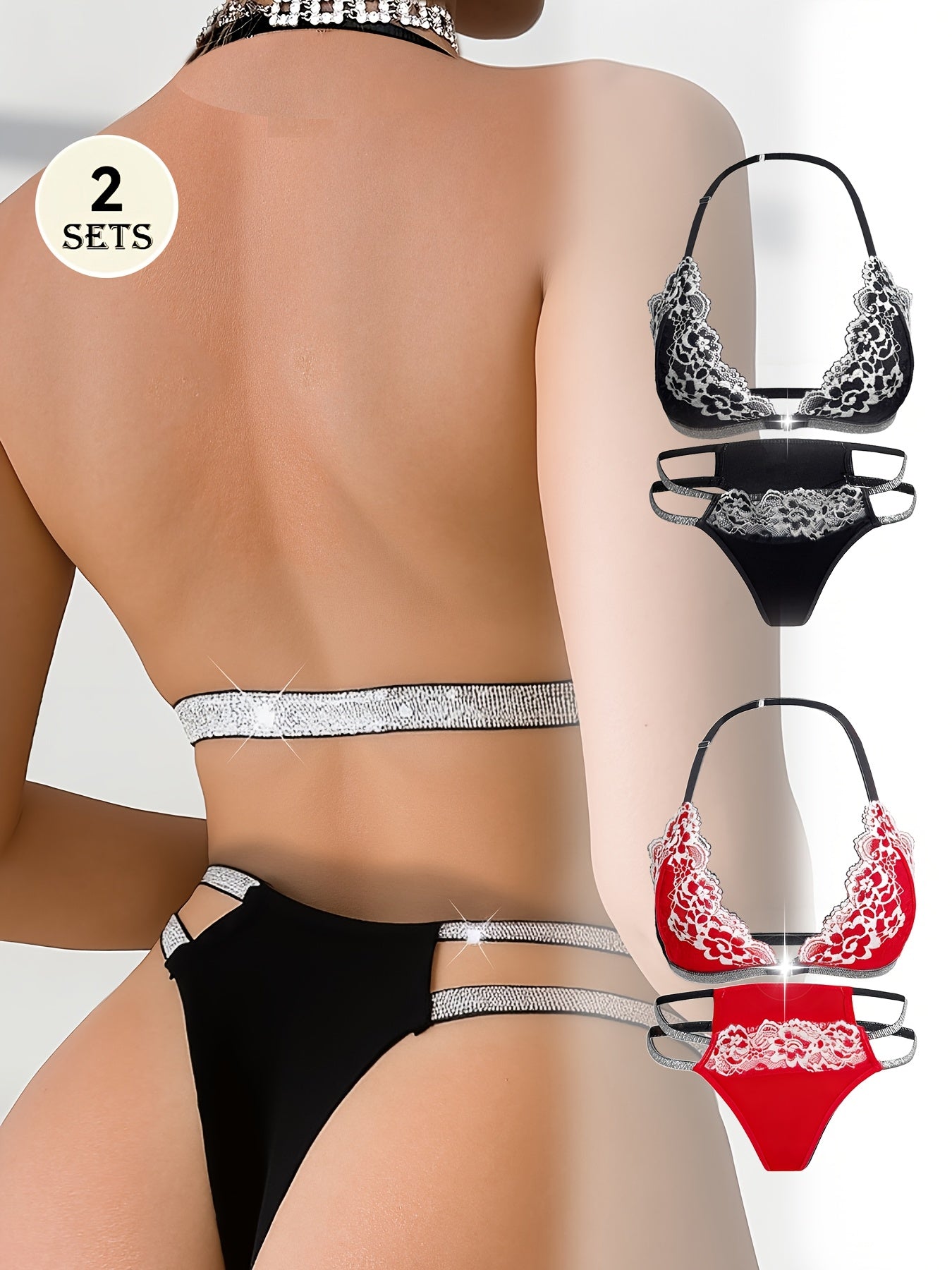 2pcs Women's Black and Red Lace Lingerie Set, Front-clasp Bra with Comfortable Breathable Material, Sexy Floral Contrast Lace Bra and Thong, Halter Neck Straps, Breathable Low-rise Unlined Semi-transparent Black and White Und