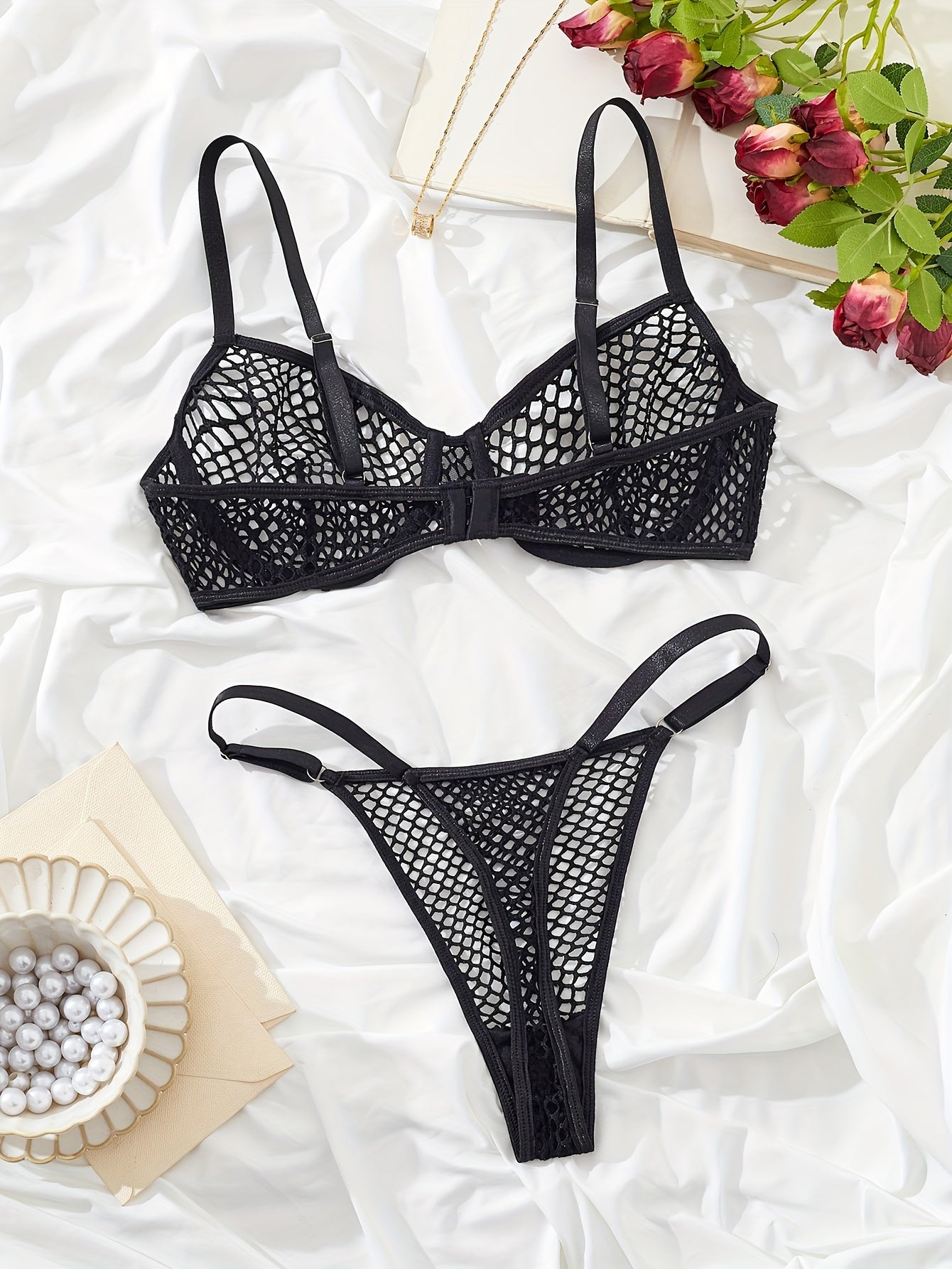 Sexy Black Mesh Lace-Up Bra and Panties Set | Sheer Black Mesh, No Padding, Solid Color Pattern