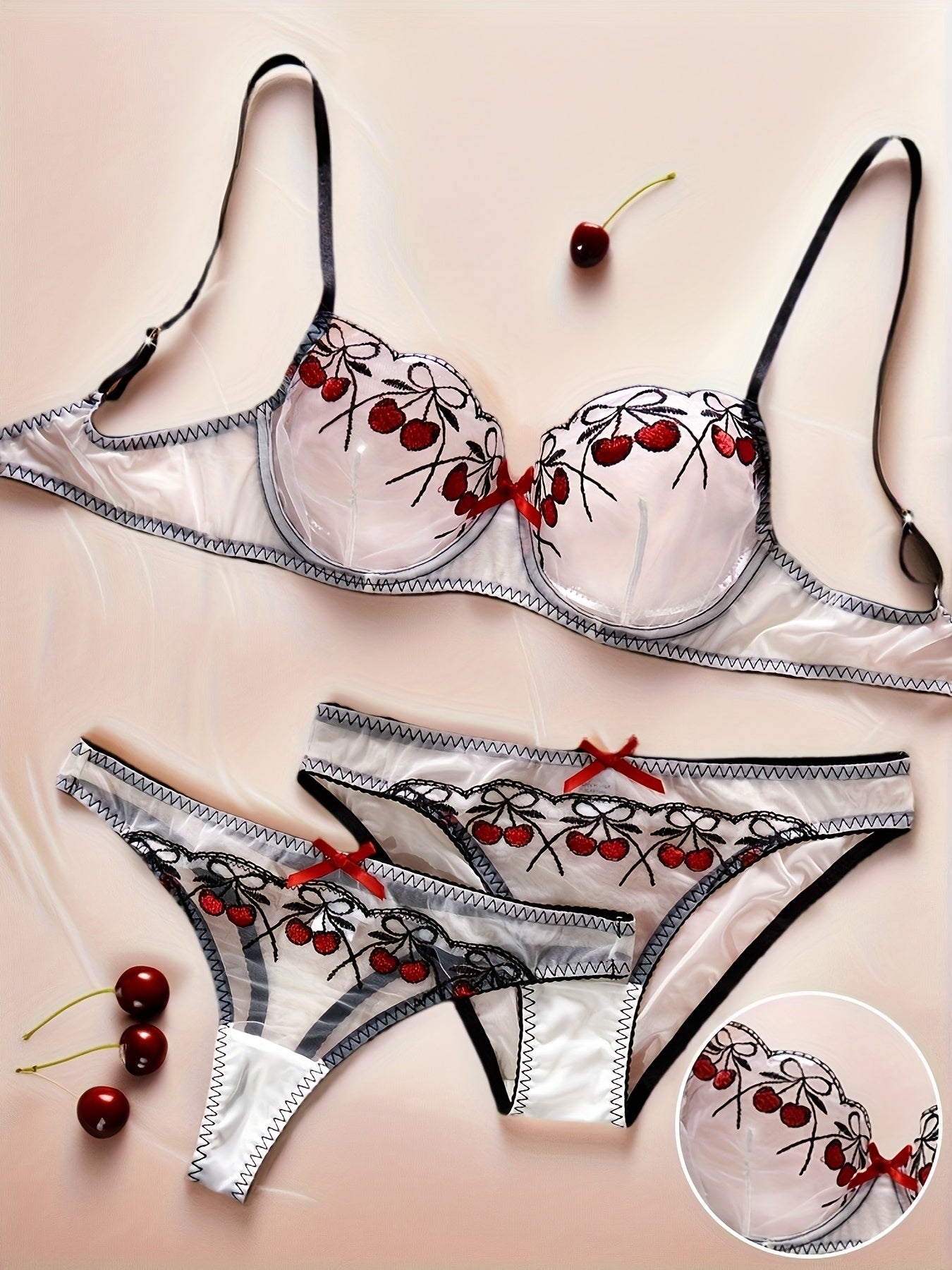 Elegant Embroidered Bra and Panties Set | Medium Support, Half-Sheer, Comfortable and Breathable, Ideal for Romantic Couples and Valentine'S Day