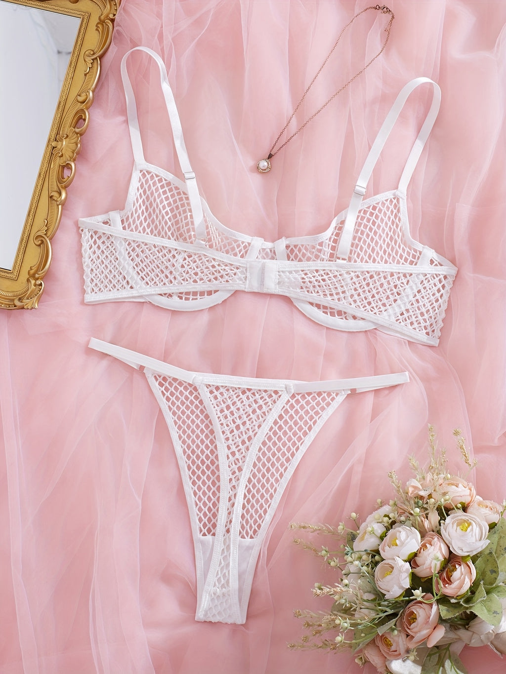 Sexy Black Mesh Lace-Up Bra and Panties Set | Sheer Black Mesh, No Padding, Solid Color Pattern