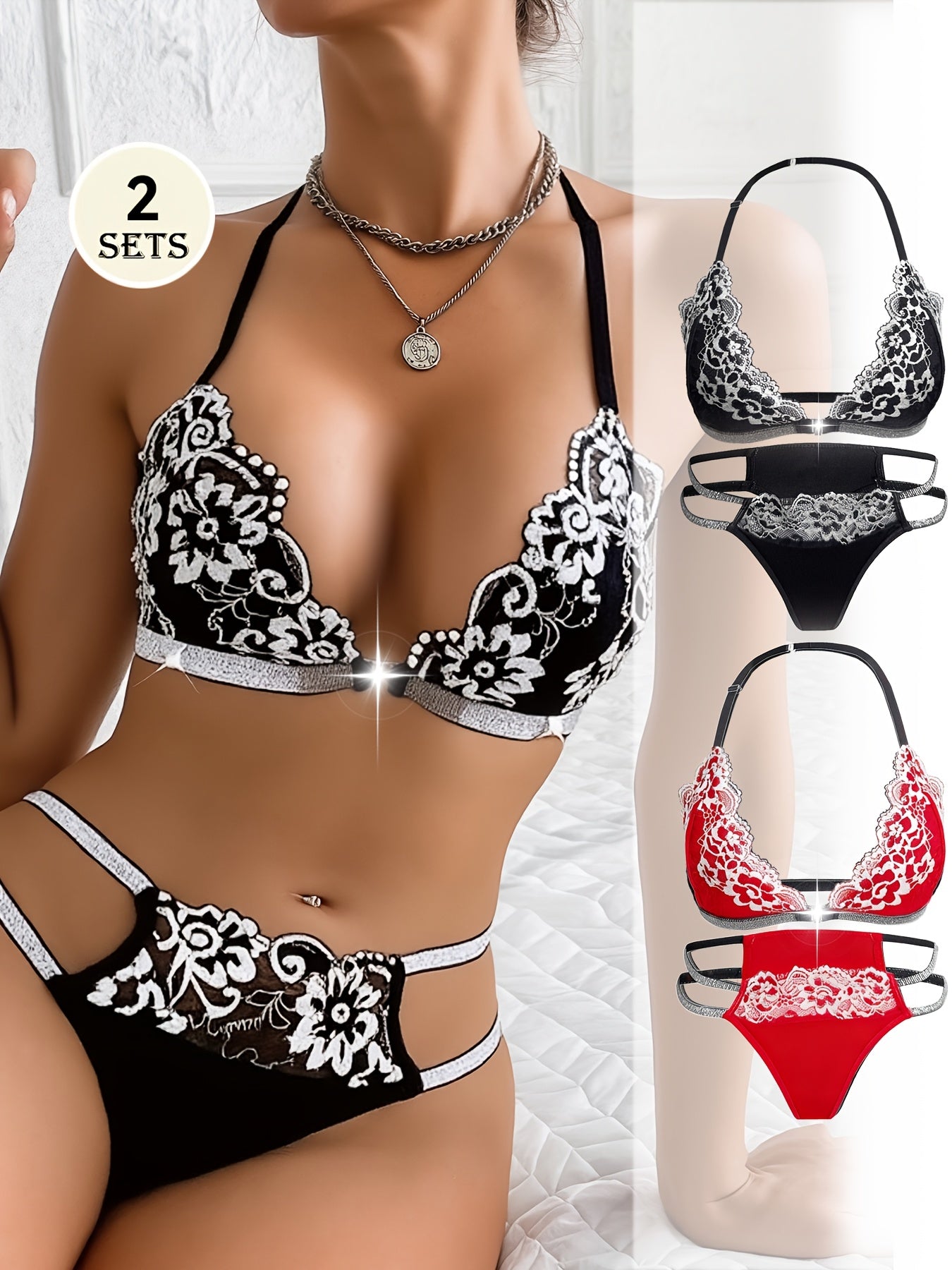 2pcs Women's Black and Red Lace Lingerie Set, Front-clasp Bra with Comfortable Breathable Material, Sexy Floral Contrast Lace Bra and Thong, Halter Neck Straps, Breathable Low-rise Unlined Semi-transparent Black and White Und
