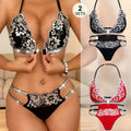 2pcs Women's Black and Red Lace Lingerie Set, Front-clasp Bra with Comfortable Breathable Material, Sexy Floral Contrast Lace Bra and Thong, Halter Neck Straps, Breathable Low-rise Unlined Semi-transparent Black and White Und