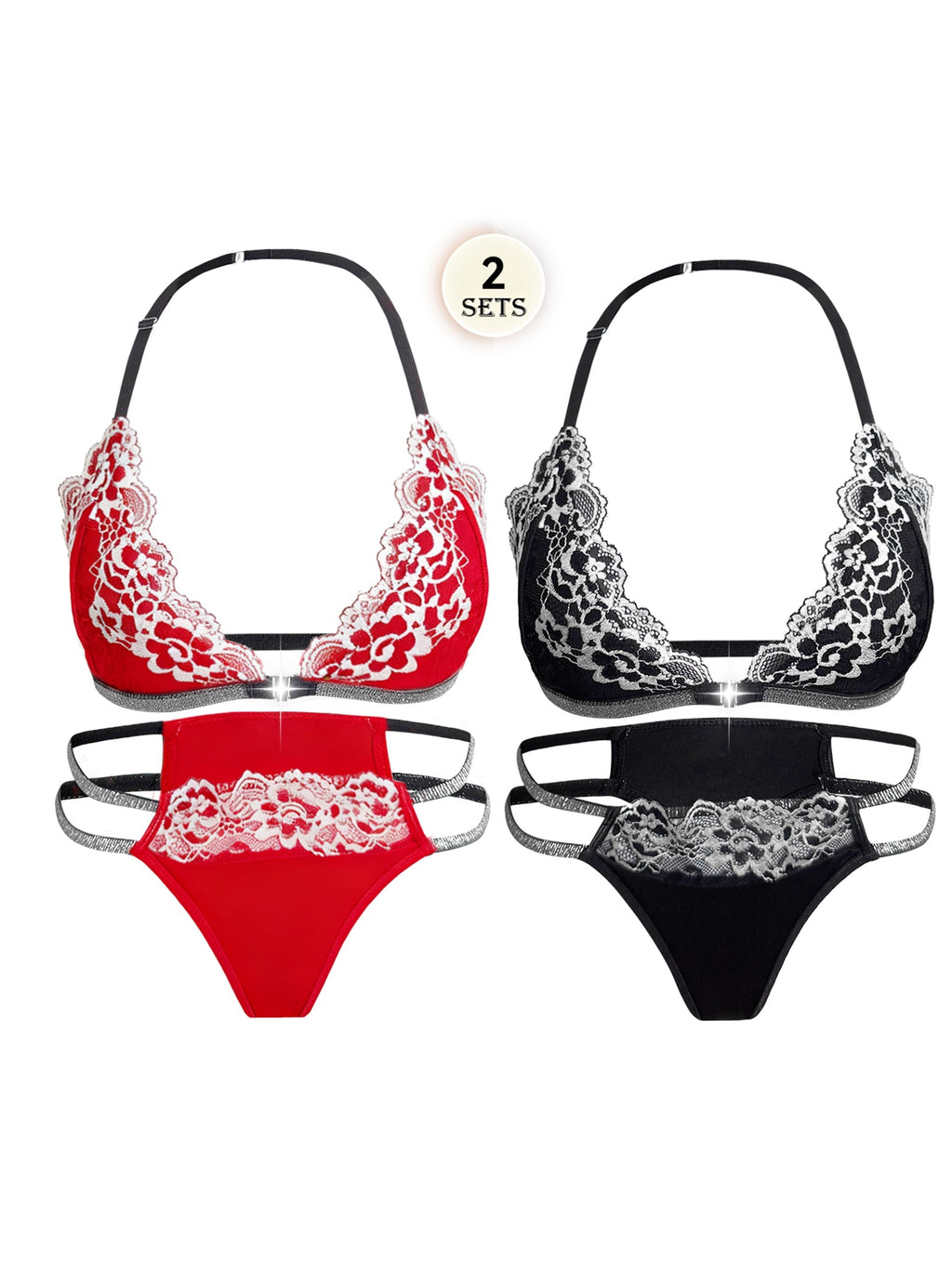 2pcs Women's Black and Red Lace Lingerie Set, Front-clasp Bra with Comfortable Breathable Material, Sexy Floral Contrast Lace Bra and Thong, Halter Neck Straps, Breathable Low-rise Unlined Semi-transparent Black and White Und