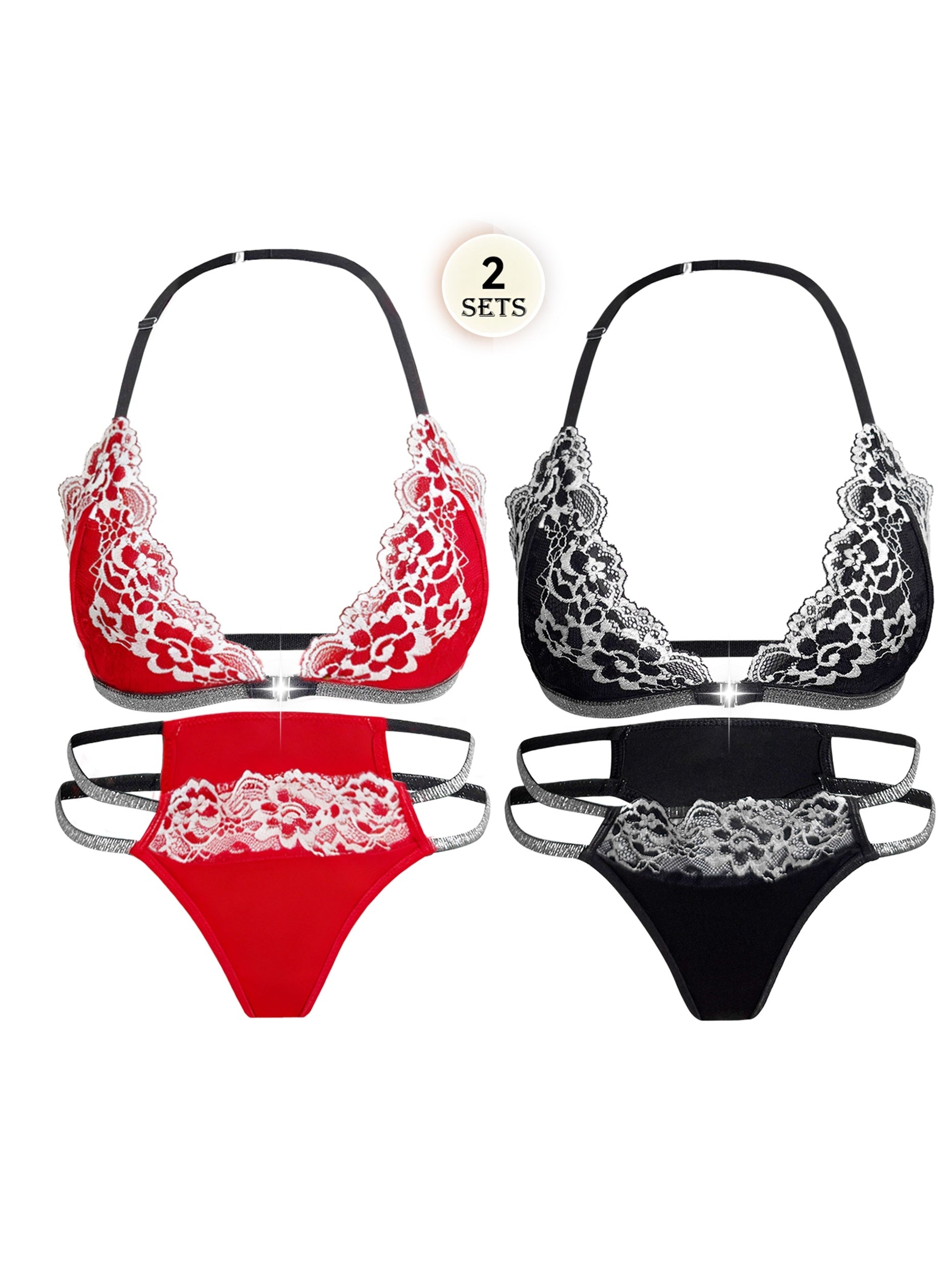 2pcs Women's Black and Red Lace Lingerie Set, Front-clasp Bra with Comfortable Breathable Material, Sexy Floral Contrast Lace Bra and Thong, Halter Neck Straps, Breathable Low-rise Unlined Semi-transparent Black and White Und