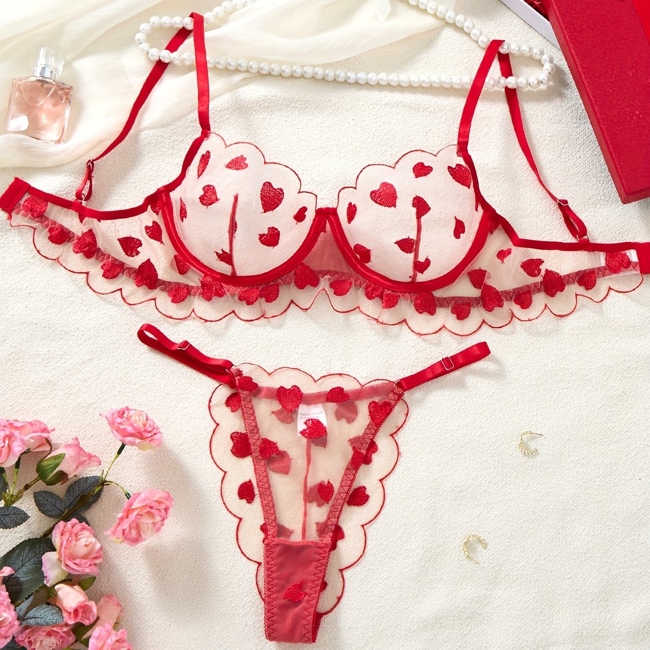 Red Heart Mesh Embroidered Lingerie Set, Sexy Sheer Underwire Bra and Panty Combo, Wavy  Embroidered Lingerie and Panties, Pure and Desirable Style to Showcase Women's Charm Set