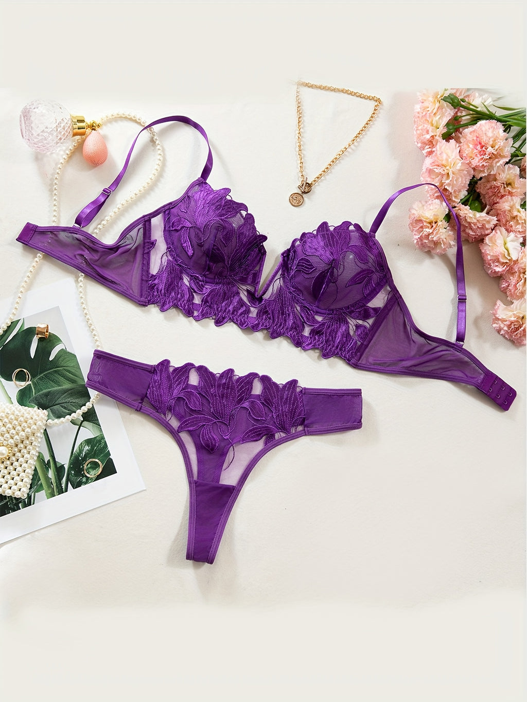 Embroidered Mesh Bra and Underwear Set, Sexy Deep V-Neck Push-Up Lingerie, Pure Desire Style Women's Set