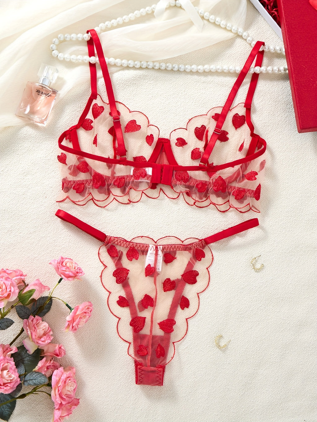 Red Heart Mesh Embroidered Lingerie Set, Sexy Sheer Underwire Bra and Panty Combo, Wavy  Embroidered Lingerie and Panties, Pure and Desirable Style to Showcase Women's Charm Set