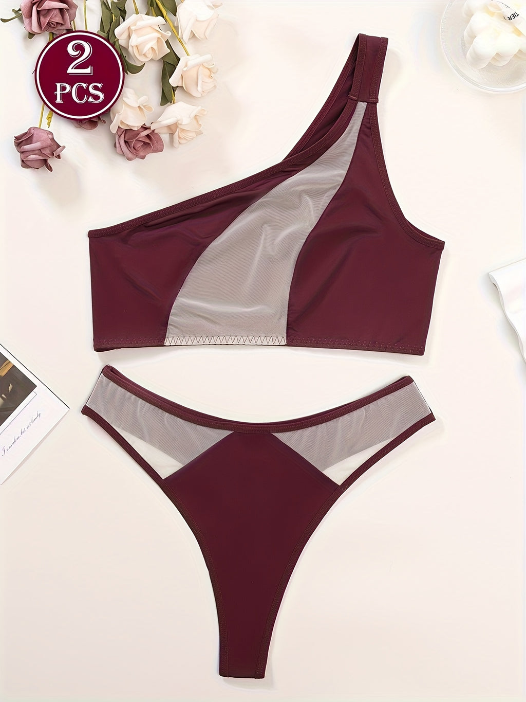 1 set, Women's mesh transparent off-shoulder bra set, matching sexy underwear