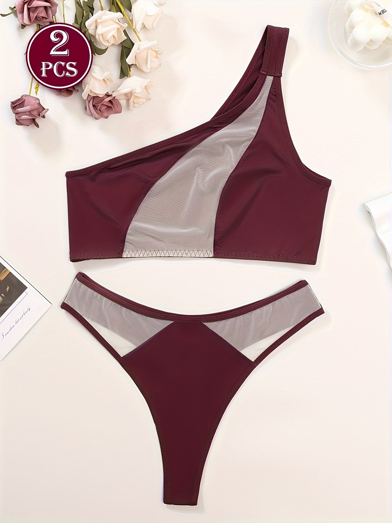 1 set, Women's mesh transparent off-shoulder bra set, matching sexy underwear