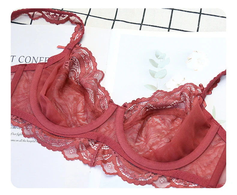 Ensemble soutien-gorge et culotte en dentelle transparente ultra fine pour femme, sous-vêtements sexy, lingerie, brassières, bonnets A B C D E, 95C 95D