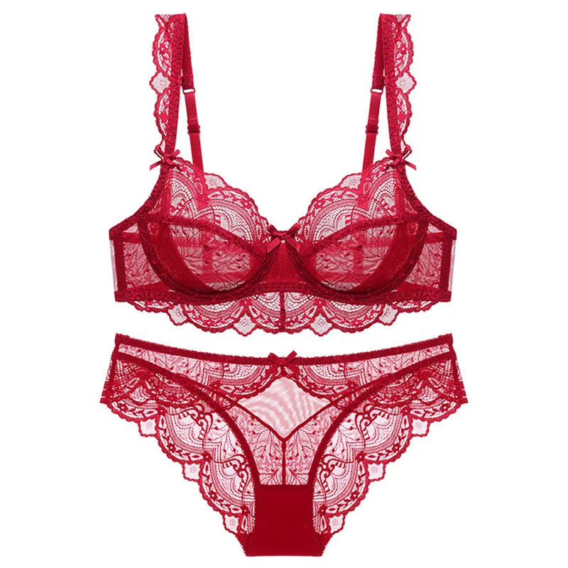 Ensemble soutien-gorge et culotte en dentelle transparente ultra fine pour femme, sous-vêtements sexy, lingerie, brassières, bonnets A B C D E, 95C 95D