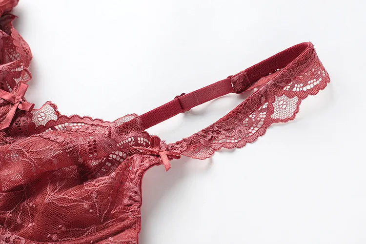 Ensemble soutien-gorge et culotte en dentelle transparente ultra fine pour femme, sous-vêtements sexy, lingerie, brassières, bonnets A B C D E, 95C 95D