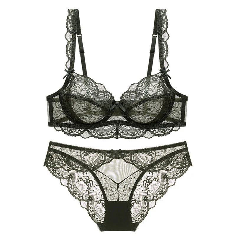 Ensemble soutien-gorge et culotte en dentelle transparente ultra fine pour femme, sous-vêtements sexy, lingerie, brassières, bonnets A B C D E, 95C 95D