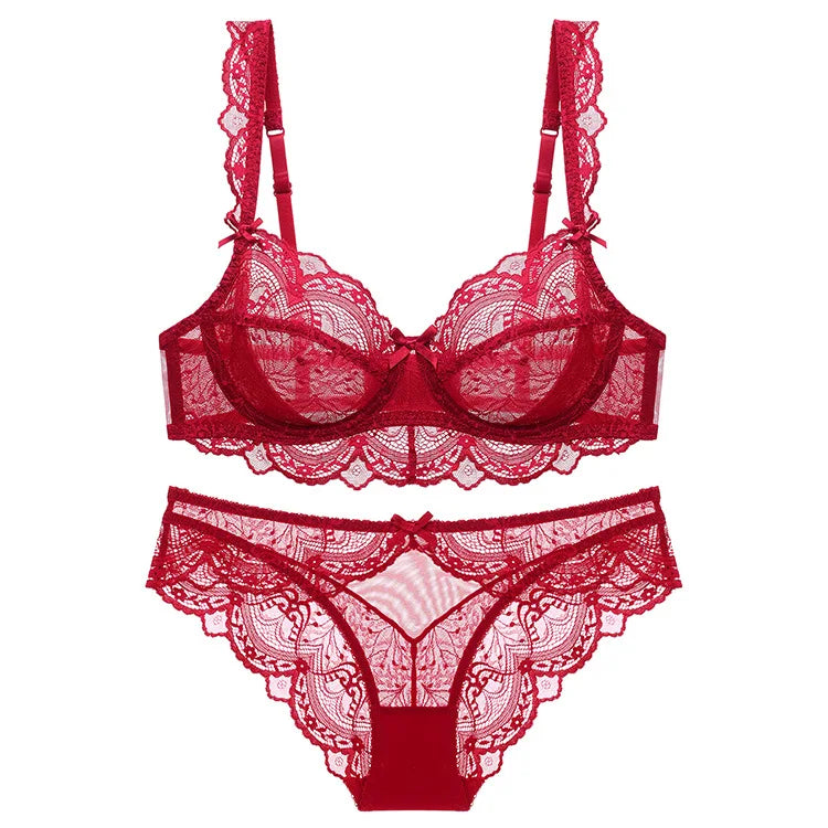 Ensemble soutien-gorge et culotte en dentelle transparente ultra fine pour femme, sous-vêtements sexy, lingerie, brassières, bonnets A B C D E, 95C 95D