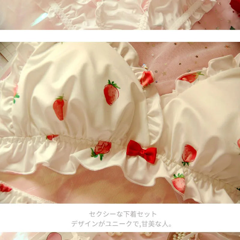 Ensemble soutien-gorge et culotte en soie de lait japonais, Lingerie rose, mignon, sans fil, sous-vêtements doux, Lolita Kawaii