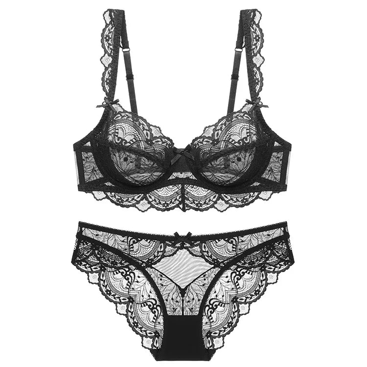 Ensemble soutien-gorge et culotte en dentelle transparente ultra fine pour femme, sous-vêtements sexy, lingerie, brassières, bonnets A B C D E, 95C 95D