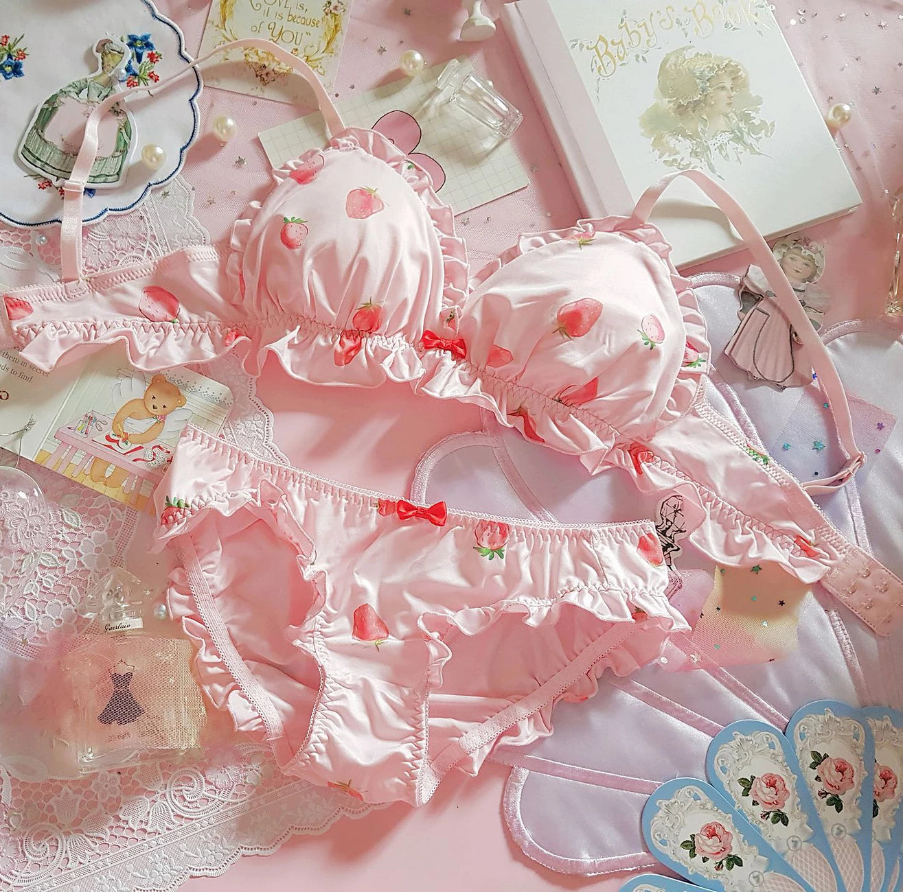 Ensemble soutien-gorge et culotte en soie de lait japonais, Lingerie rose, mignon, sans fil, sous-vêtements doux, Lolita Kawaii