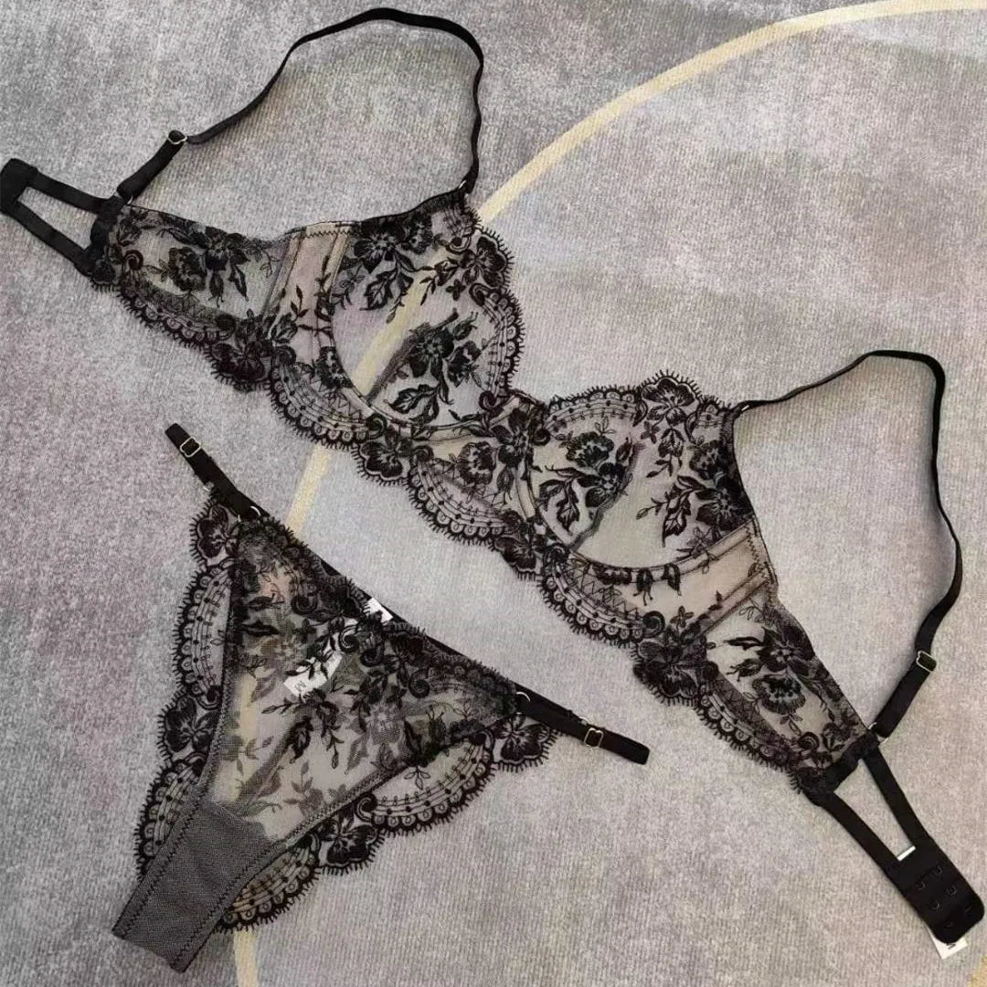 Women Sexy Lingerie 2 Set Black Transparent Underwear 2 Pcs  Women See-though Black Embroidery Lingerie Set