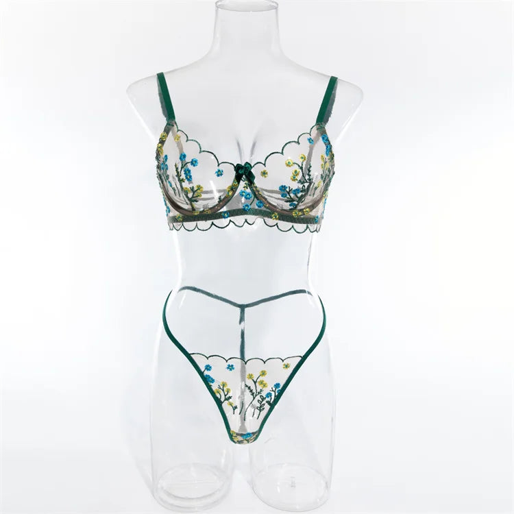 High Quality Ultra-thin Single-layer Fresh Floral Embroidery Sweet Transparent Steel Ring Comfortable Sexy Lingerie Set