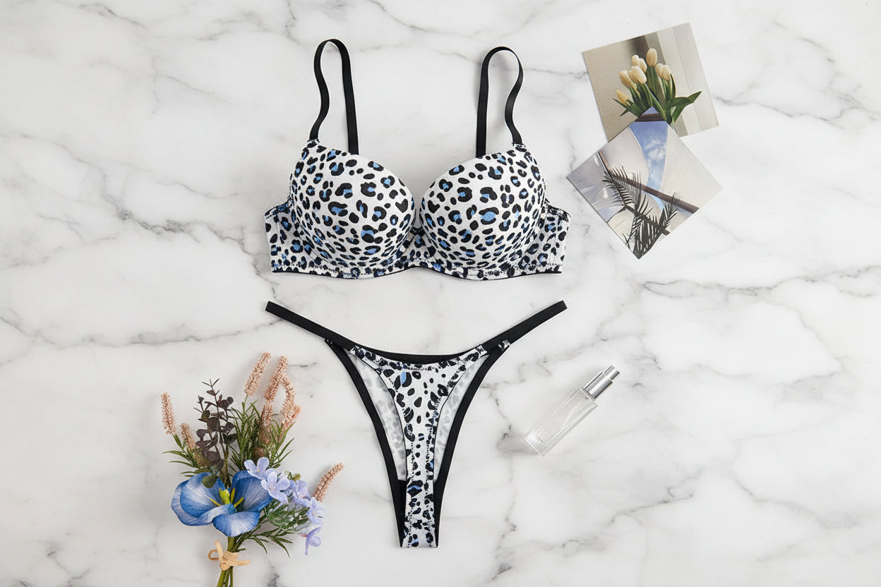 Wholesale Women's White Leopard Print Lingerie Set Lingerie Women Lace Underwear Wrap Chest Strap Pant Set Sexy Bra Set