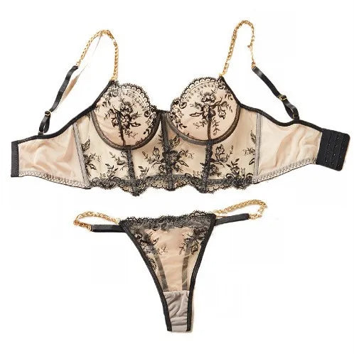 High Quality Hot sexy women's bra set, black mesh embroidered lace steel ring fishbone underwear romantic set