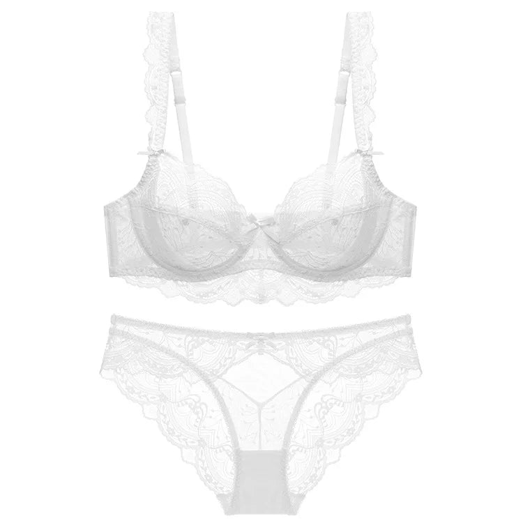 Ensemble soutien-gorge et culotte en dentelle transparente ultra fine pour femme, sous-vêtements sexy, lingerie, brassières, bonnets A B C D E, 95C 95D