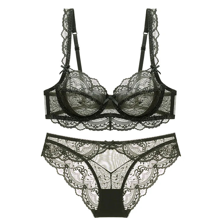 Ensemble soutien-gorge et culotte en dentelle transparente ultra fine pour femme, sous-vêtements sexy, lingerie, brassières, bonnets A B C D E, 95C 95D