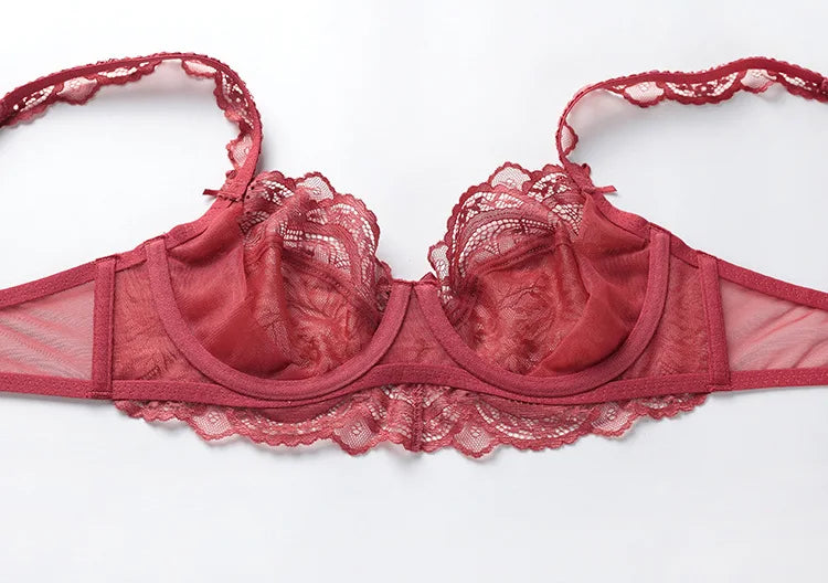 Ensemble soutien-gorge et culotte en dentelle transparente ultra fine pour femme, sous-vêtements sexy, lingerie, brassières, bonnets A B C D E, 95C 95D