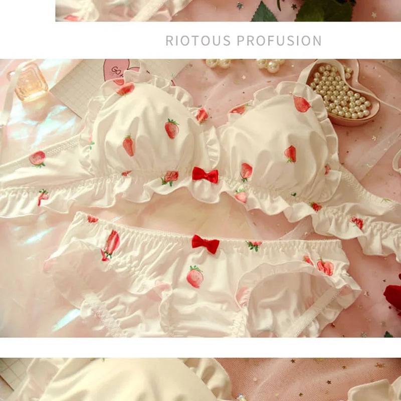 Ensemble soutien-gorge et culotte en soie de lait japonais, Lingerie rose, mignon, sans fil, sous-vêtements doux, Lolita Kawaii