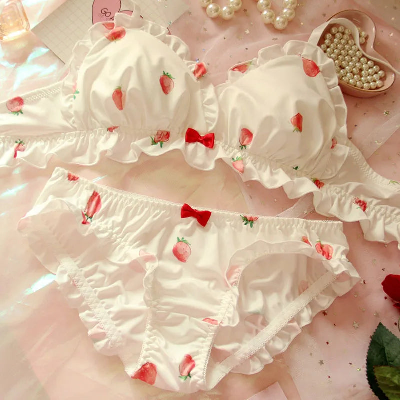 Ensemble soutien-gorge et culotte en soie de lait japonais, Lingerie rose, mignon, sans fil, sous-vêtements doux, Lolita Kawaii