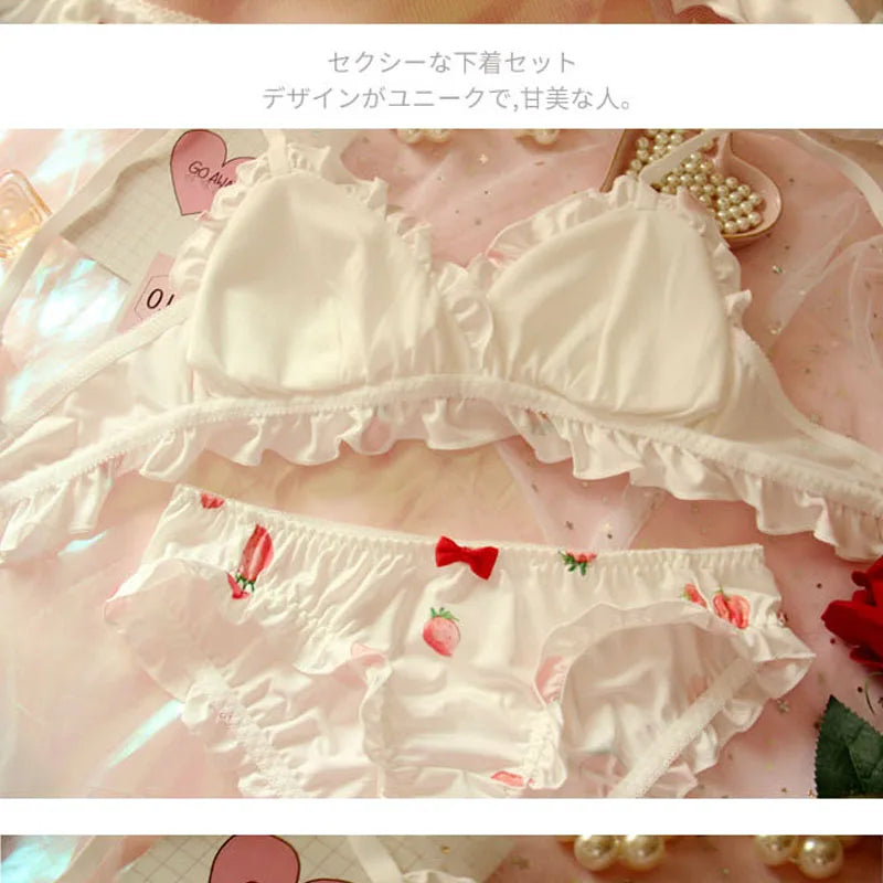 Ensemble soutien-gorge et culotte en soie de lait japonais, Lingerie rose, mignon, sans fil, sous-vêtements doux, Lolita Kawaii