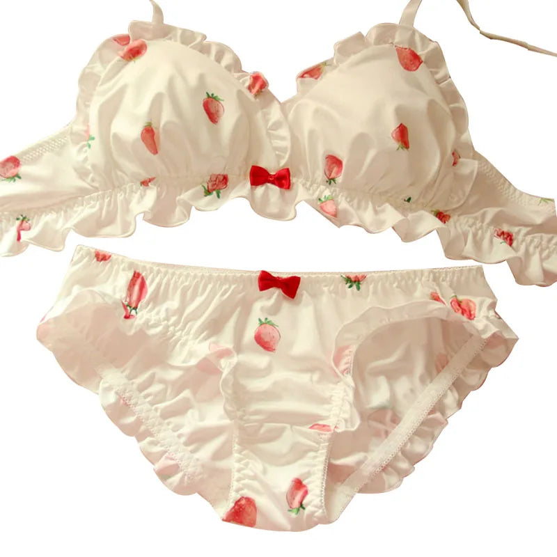 Ensemble soutien-gorge et culotte en soie de lait japonais, Lingerie rose, mignon, sans fil, sous-vêtements doux, Lolita Kawaii