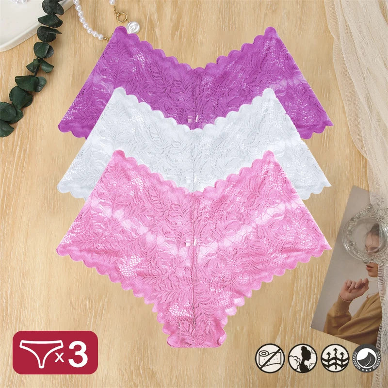 3 pièces femmes Sexy dentelle culottes Perspective florale Uderwear couleur unie intimes Boyshort femme taille en V respirant doux Lingerie