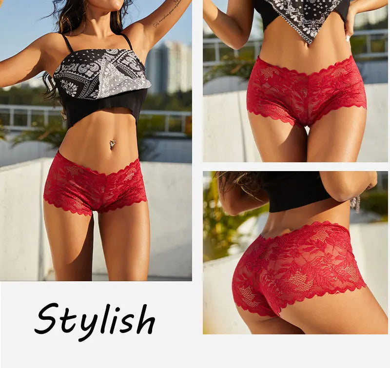 3 pièces femmes Sexy dentelle culottes Perspective florale Uderwear couleur unie intimes Boyshort femme taille en V respirant doux Lingerie