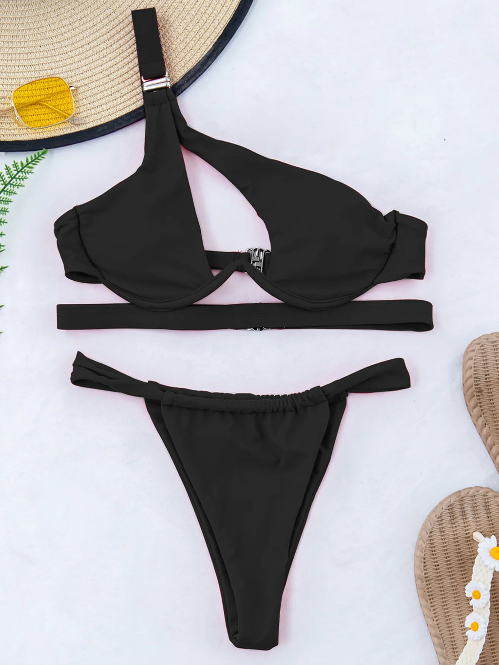 DEKA une épaule Bikini ensemble femmes solide Push Up à armatures maillots de bain vêtements de plage string maillot de bain Biquini plissé maillots de bain