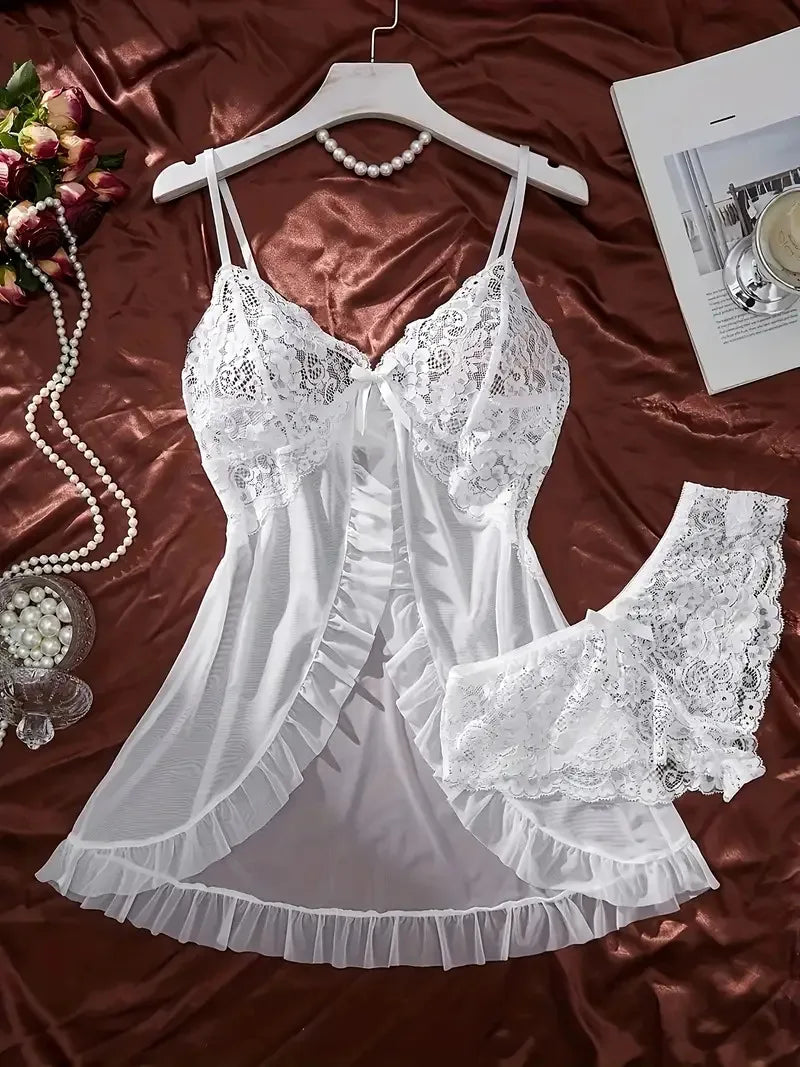 Un ensemble de chemise de nuit Ultra Sexy en Tulle, soutien-gorge à col en v, jupe de nuit ouverte, robe érotique pour femme, pyjama transparent, pantalon de Lingerie, kit de luxe