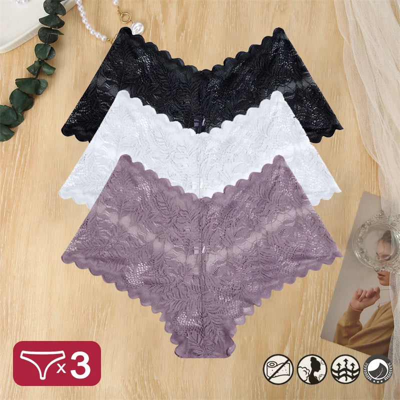3 pièces femmes Sexy dentelle culottes Perspective florale Uderwear couleur unie intimes Boyshort femme taille en V respirant doux Lingerie