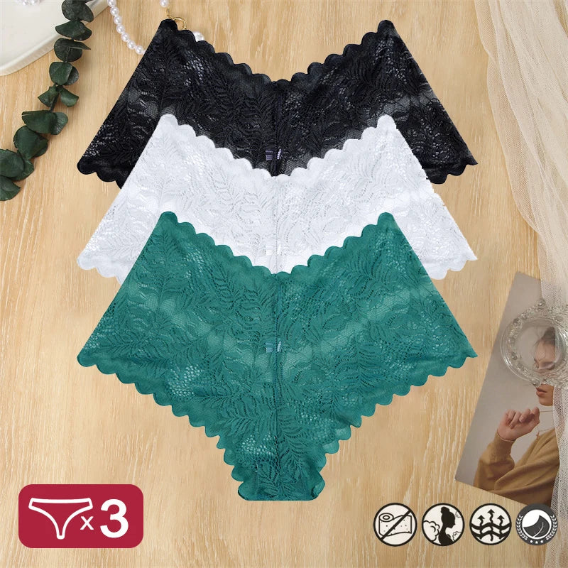 3 pièces femmes Sexy dentelle culottes Perspective florale Uderwear couleur unie intimes Boyshort femme taille en V respirant doux Lingerie